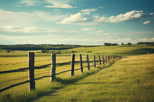 A peaceful countryside scene with green fields and a rustic fence