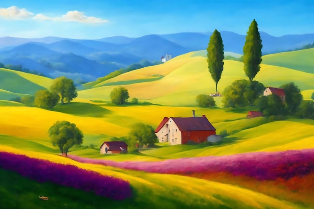 A peaceful countryside scene with rolling hills colorful fields and a small farmhouse