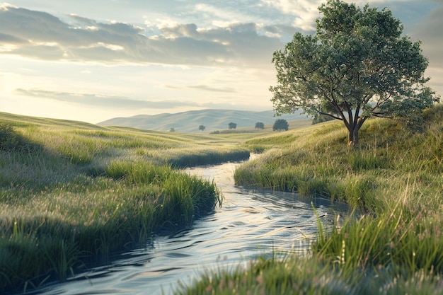 A peaceful countryside scene with a winding river