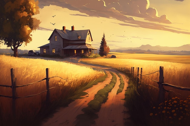 Peaceful countryside sunset with golden fields and rustic farmhouse Generative AI landscape art