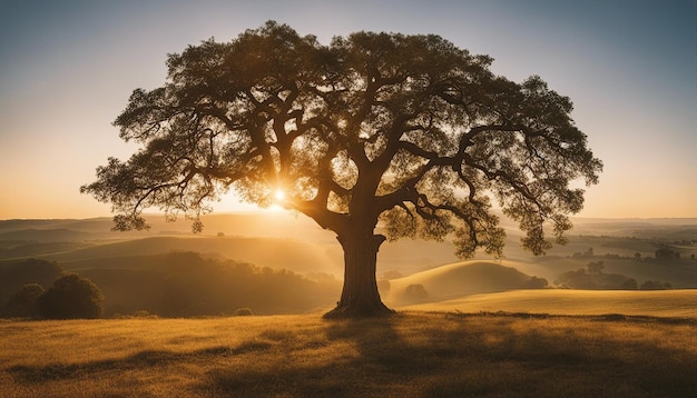 A peaceful countryside view with an old oak tree and golden sunrise