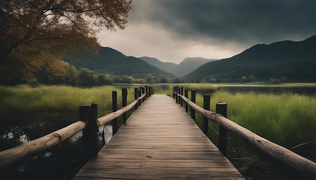 Peaceful countryside view with riverside scene with a wooden bridge