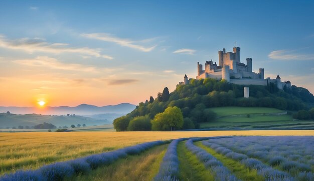 Photo a peaceful countryside with charming castles sun sets during the blue hour beautiful landscapes