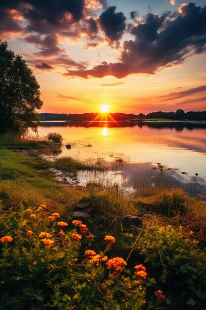 Peaceful countryside with lake