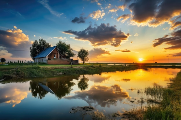 Peaceful countryside with lake