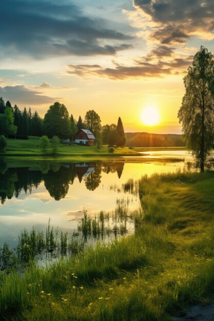 Peaceful countryside with lake