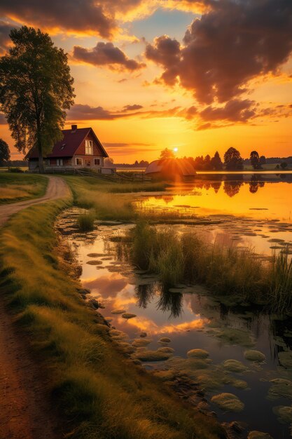 Peaceful countryside with lake