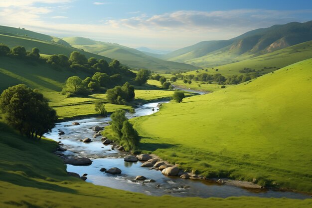 Peaceful countryside with rolling green hills