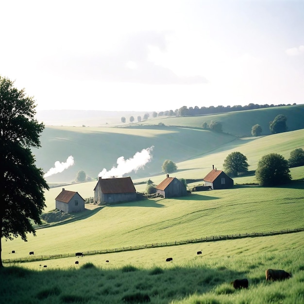 A peaceful countryside with rolling hills