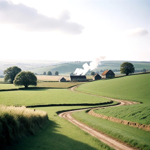 A peaceful countryside with rolling hills