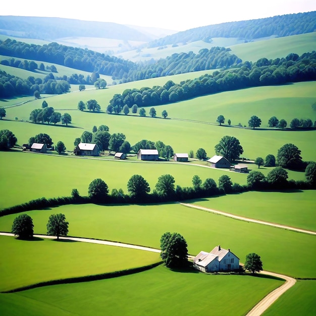 A peaceful countryside with rolling hills