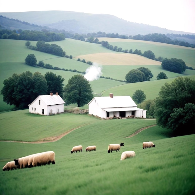 A peaceful countryside with rolling hills