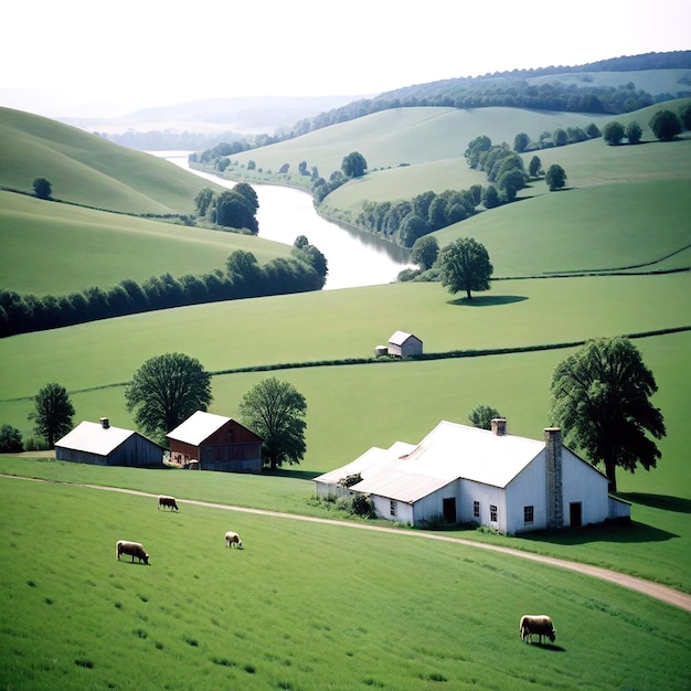 A peaceful countryside with rolling hills