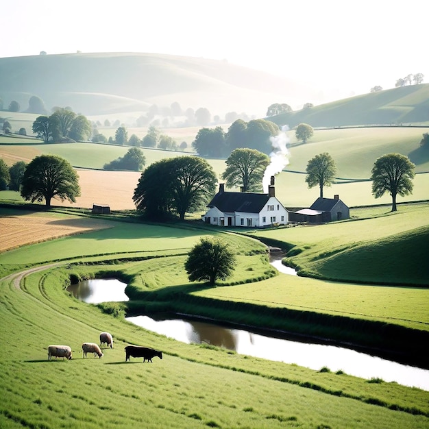 A peaceful countryside with rolling hills