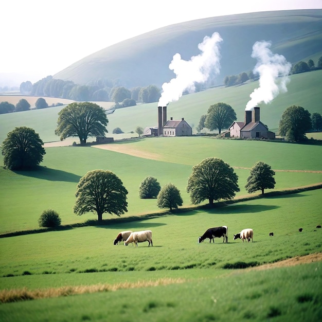 A peaceful countryside with rolling hills