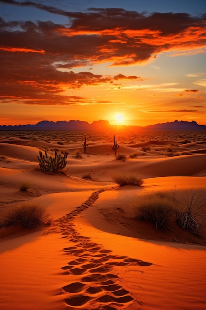 A peaceful desert landscape with sand dunes a vivid orange sunset and a few cacti in the foreground