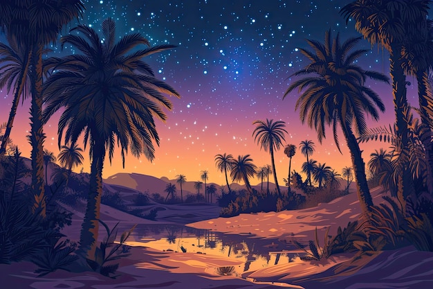 peaceful desert oasis scene with palms at night under a starlit sky