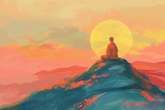 A peaceful doodle of a meditating monk in simple robes atop a mountain at sunrise