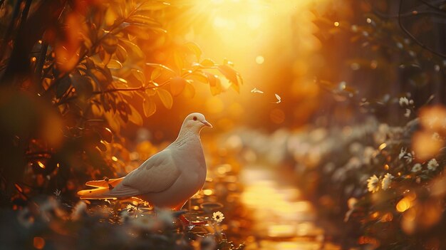 Photo peaceful dove in sunset garden ethereal nature scene