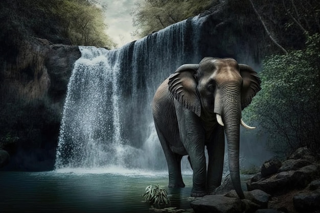 A peaceful elephant drinks from a tranquil pool at the base of a gentle waterfall Generated by AI