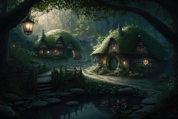 Peaceful elf village hidden deep in the forest surrounded by greenery