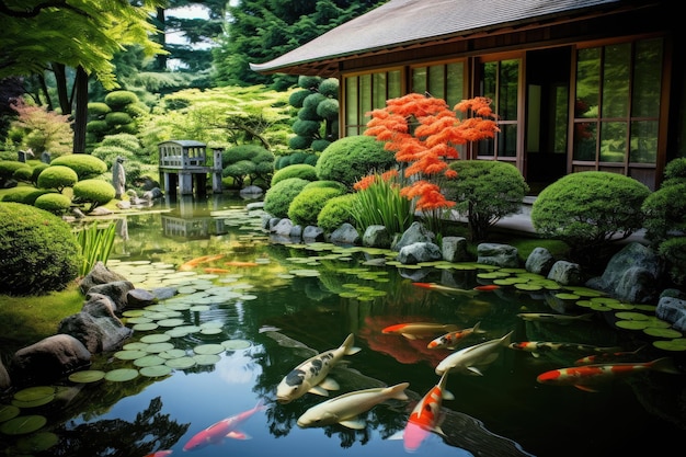 A peaceful and enchanting scene of a Japanese garden featuring a serene pond and vibrant koi fish A tranquil Japanese zen garden with a koi pond AI Generated