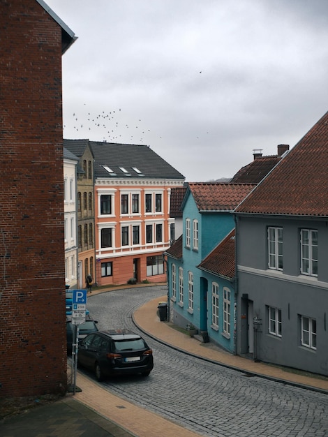 Тихая европейская улица с мощеной дорогой, красочными домами и птицами на заднем плане Фленсбург, Германия