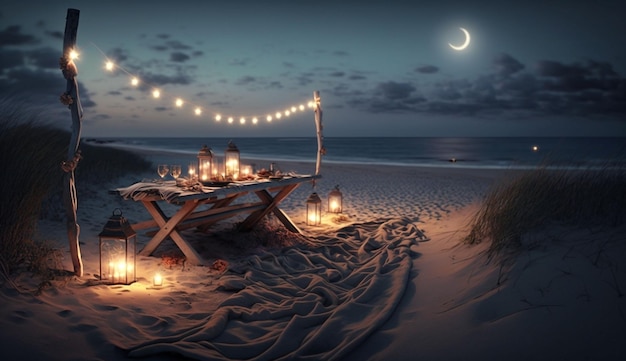 Мирный вечер на пляже с волшебными огнями и декоративными свечами Generative AI