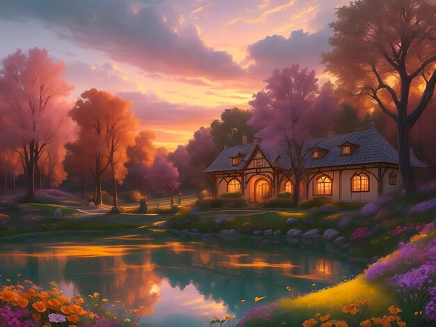 Peaceful fantasy dream house landscape scenery