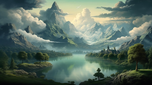 Premium AI Image | Peaceful fantasy landscape background illustration