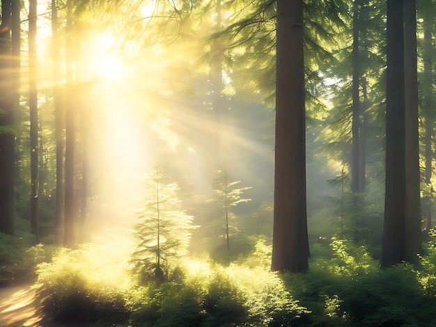 木々の間から太陽光が差し込む穏やかな森の風景