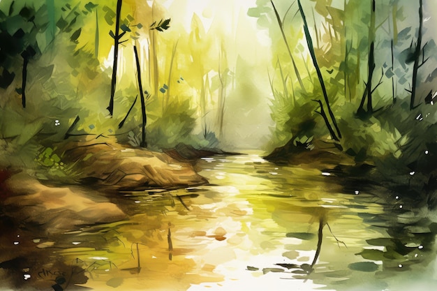 Peaceful forest stream with watercolor swirls and reflections