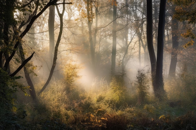 Peaceful forest with morning mist rising from the trees created with generative ai