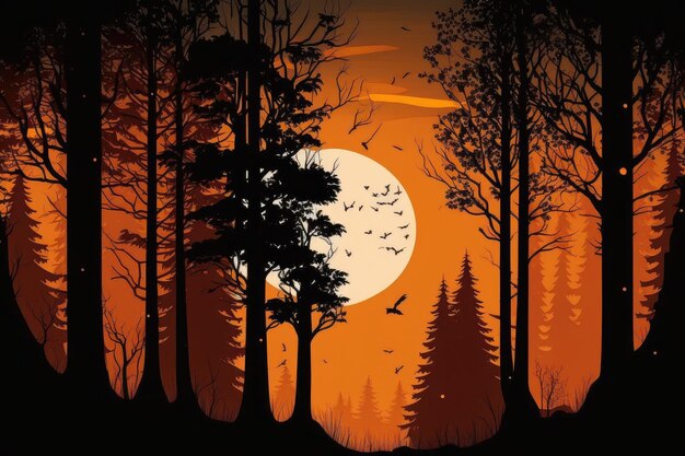 Peaceful forest with orange sunset and silhouetted trees created with generative ai