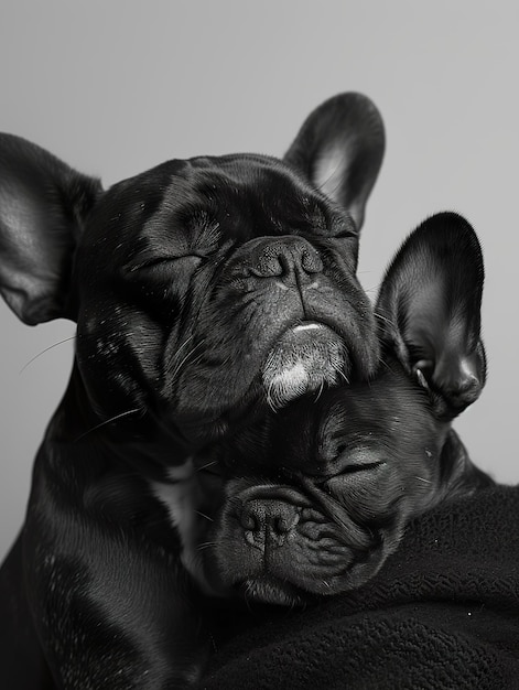 Peaceful French Bulldog Embracing Puppy Parent and Puppy Share Tender Moment in monochrome
