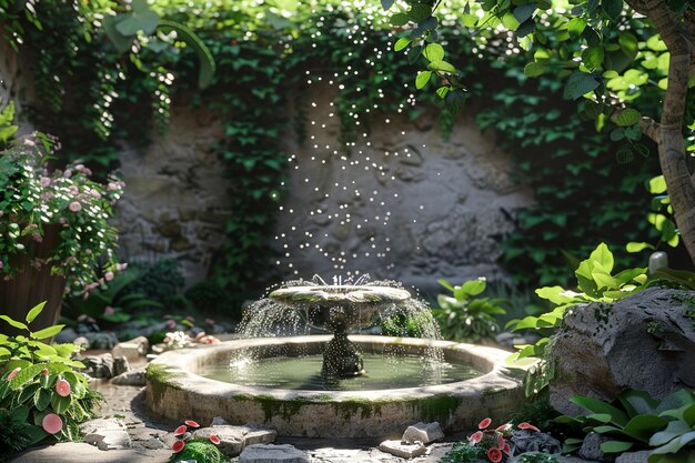 静かな庭園のオアシスで 噴水が流れています