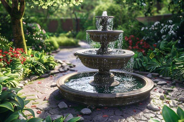 Photo a peaceful garden oasis with a trickling fountain