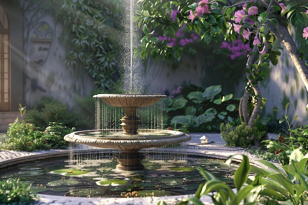 Photo a peaceful garden oasis with a trickling fountain