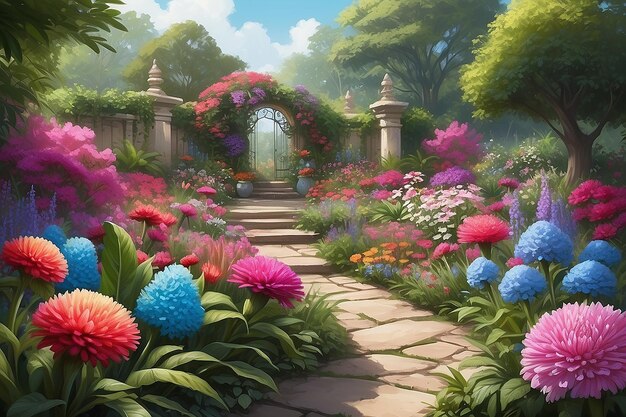 Peaceful Garden Sanctuary Digital Painting with Cockscomb Flowers