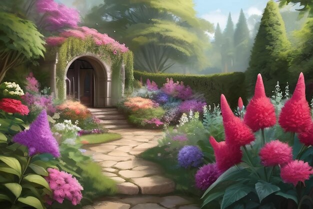 Peaceful Garden Sanctuary Digital Painting with Cockscomb Flowers