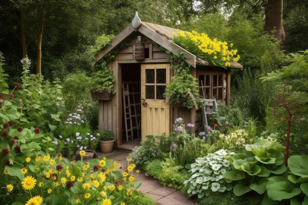 Peaceful garden shed with view of lush greenery surrounded by blooming flowers and buzzing bees