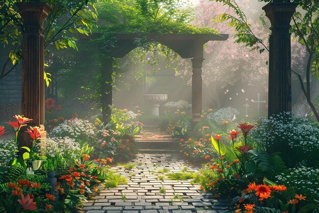 A peaceful garden with blooming flowers