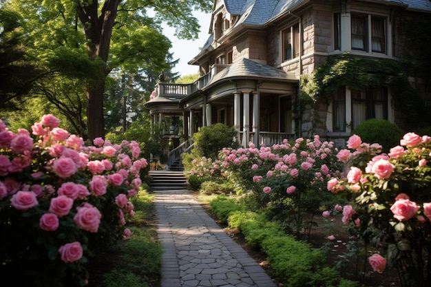 Photo a peaceful garden with a stone pathway and bloomin