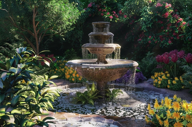 A peaceful garden with a trickling fountain