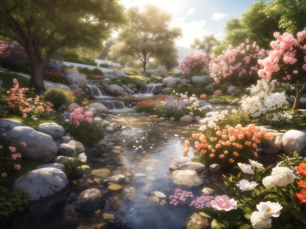 A peaceful garden with a variety of blooming flowers and a gentle stream flowing through it