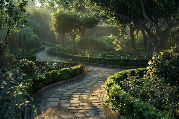 A peaceful garden with winding paths