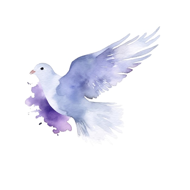하늘을 나는 평화로운 은총 비둘기 열린 날개 수채화 손으로 그린 페인트 파란색 스플래시 아트 그림 Generative Ai