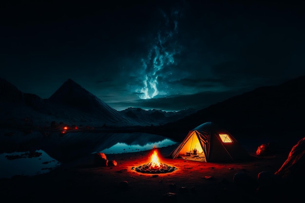 A peaceful and idyllic shot of a minimalist camping setup in the mountains