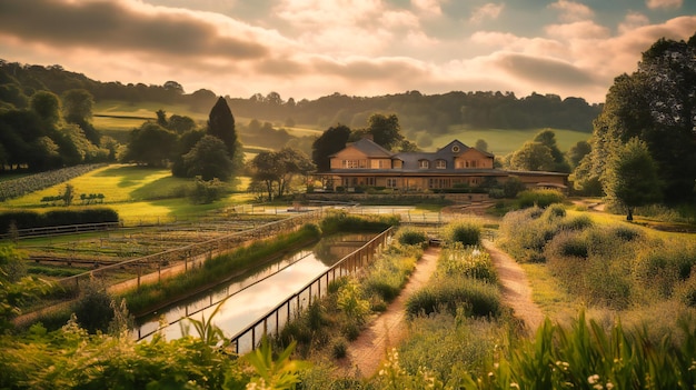 A peaceful image of a highend farm stay with a stateoftheart spa nestled in the picturesque countryside