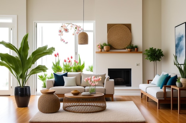 A peaceful and inviting living room adorned with a captivating tulip flower pot